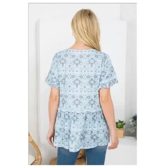 BLUE B Blue Printed Short Sleeve Drop Top - Picture 2 of 4